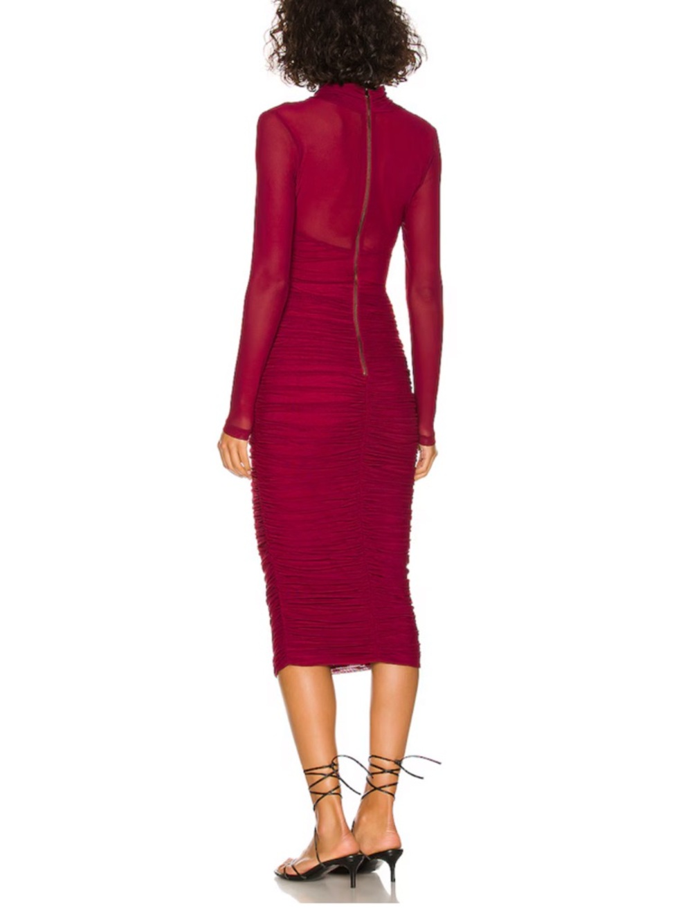 Bardot Wine Mesh-Sleeve Ruched Midi Dress - Picture 3 of 3